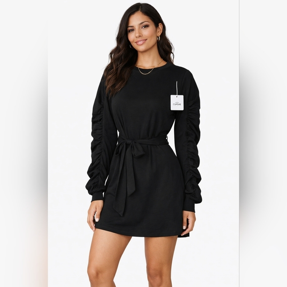 Cupshe Dresses & Skirts - 🖤 CUPSHE Black Ruched Sleeve Tie Waist Dress • Medium • NWT